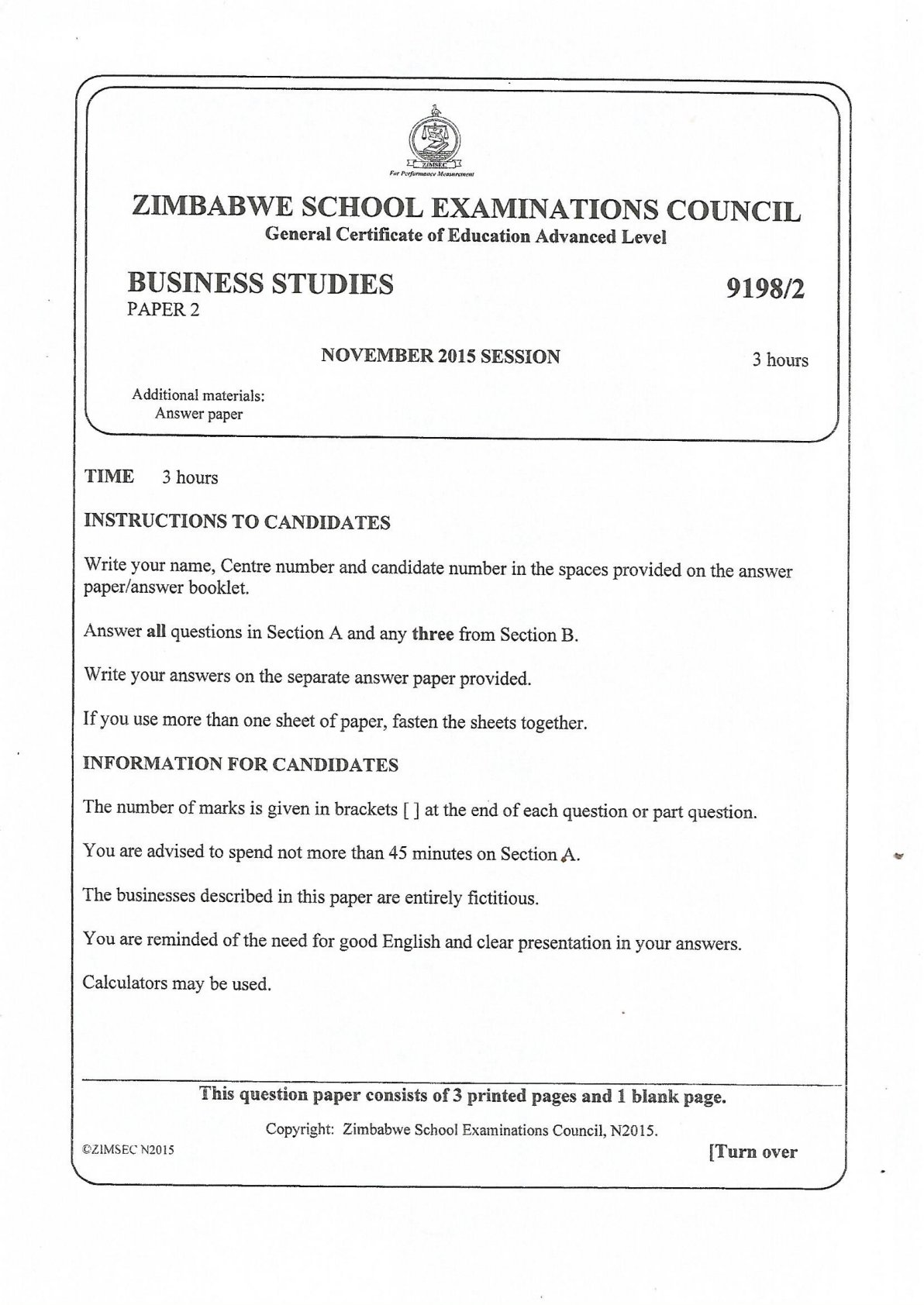First page of ZIMSEC A-Level Business Studies Paper 2 November 2015 Question Paper