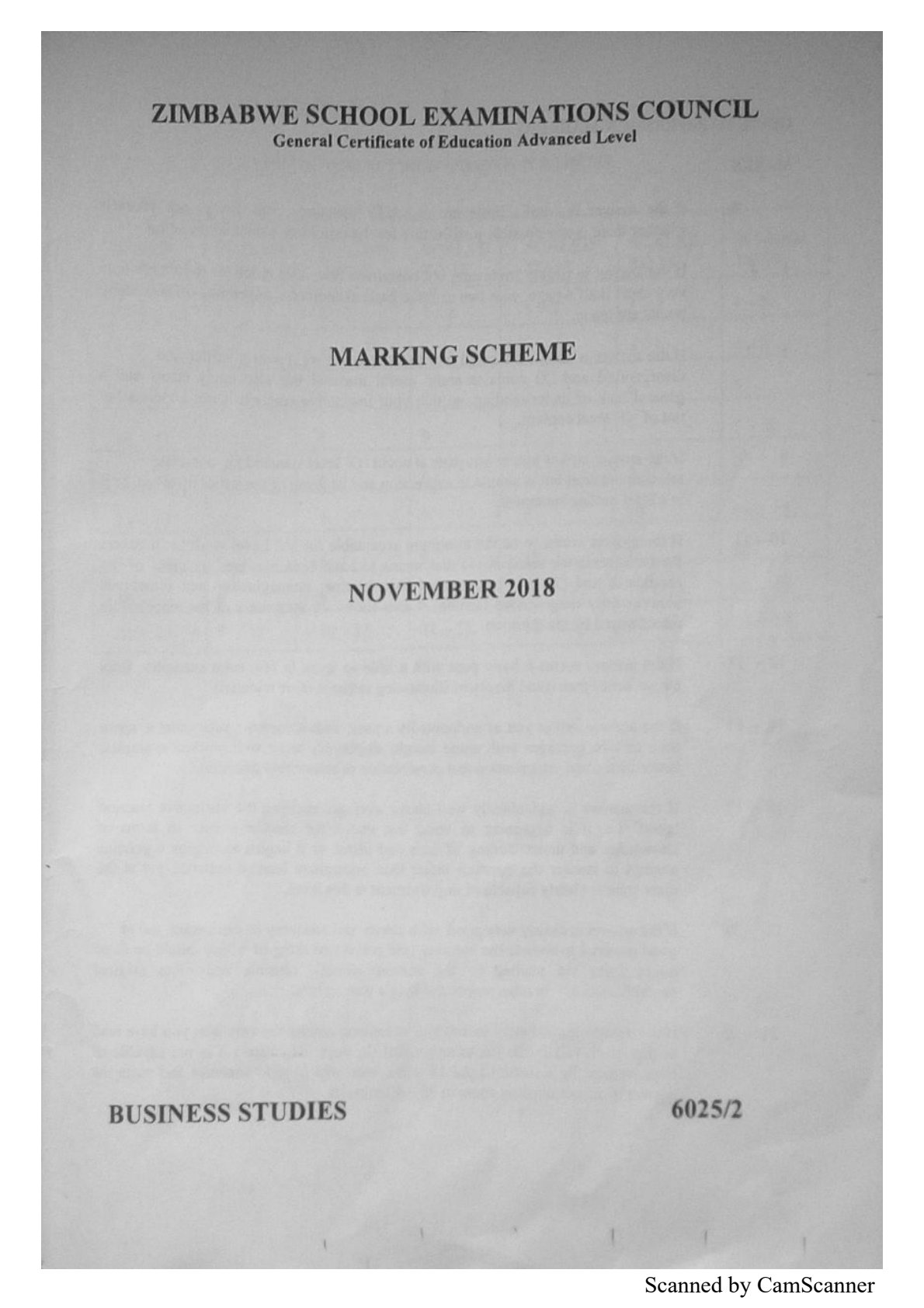 First page of ZIMSEC A-Level Business Studies Paper 2 November 2018 Marking Scheme