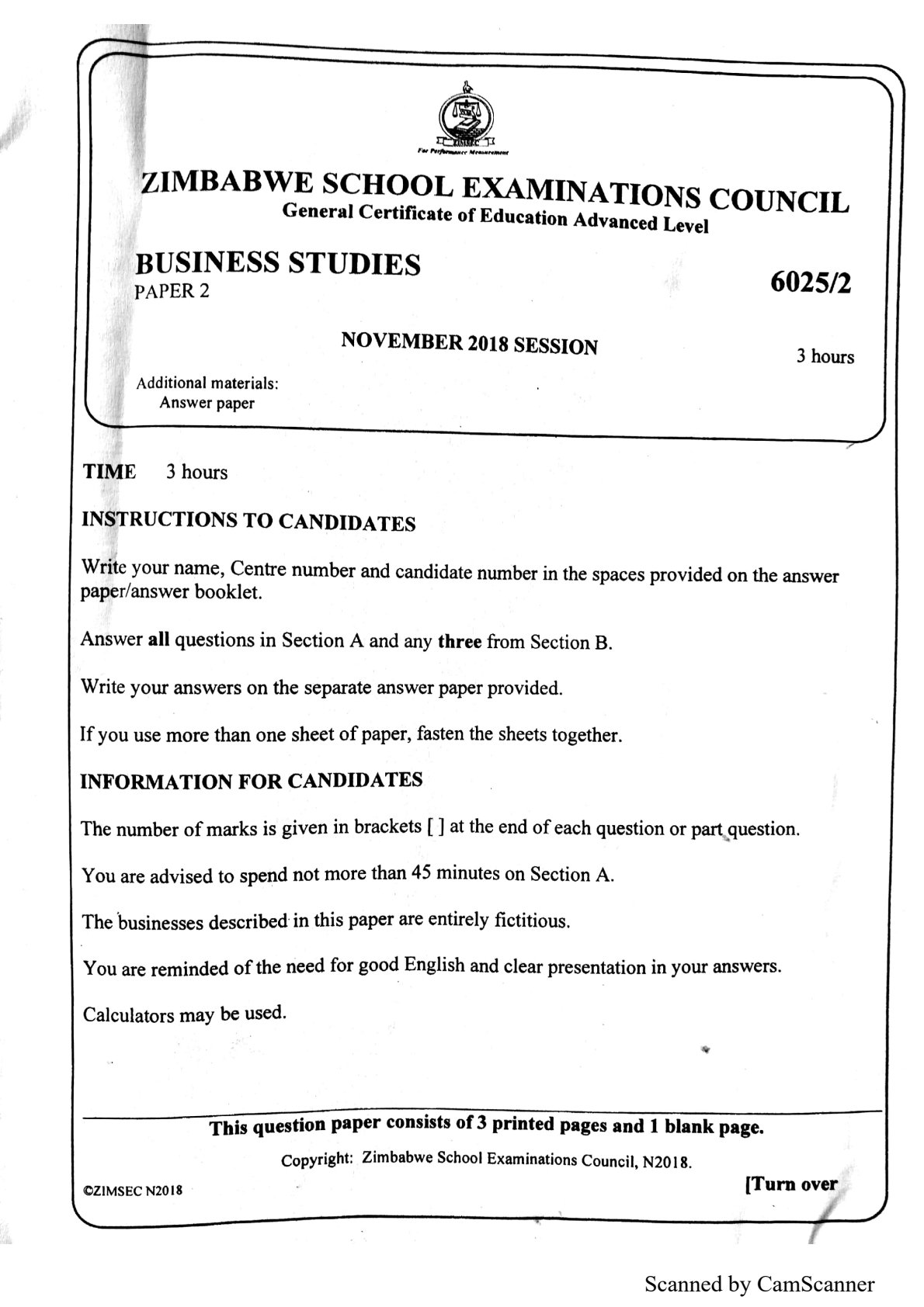 First page of ZIMSEC A-Level Business Studies Paper 2 November 2018 Question Paper
