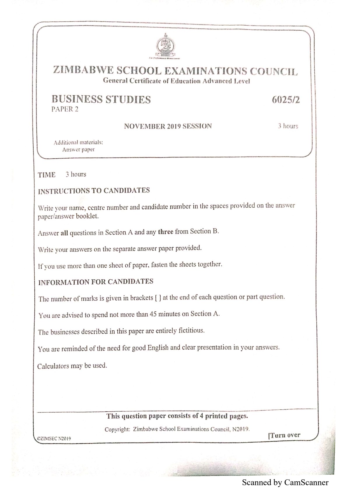 First page of ZIMSEC A-Level Business Studies Paper 2 November 2019 Question Paper