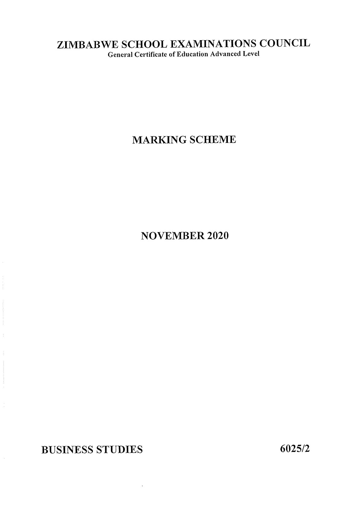 First page of ZIMSEC A-Level Business Studies Paper 2 November 2020 Marking Scheme