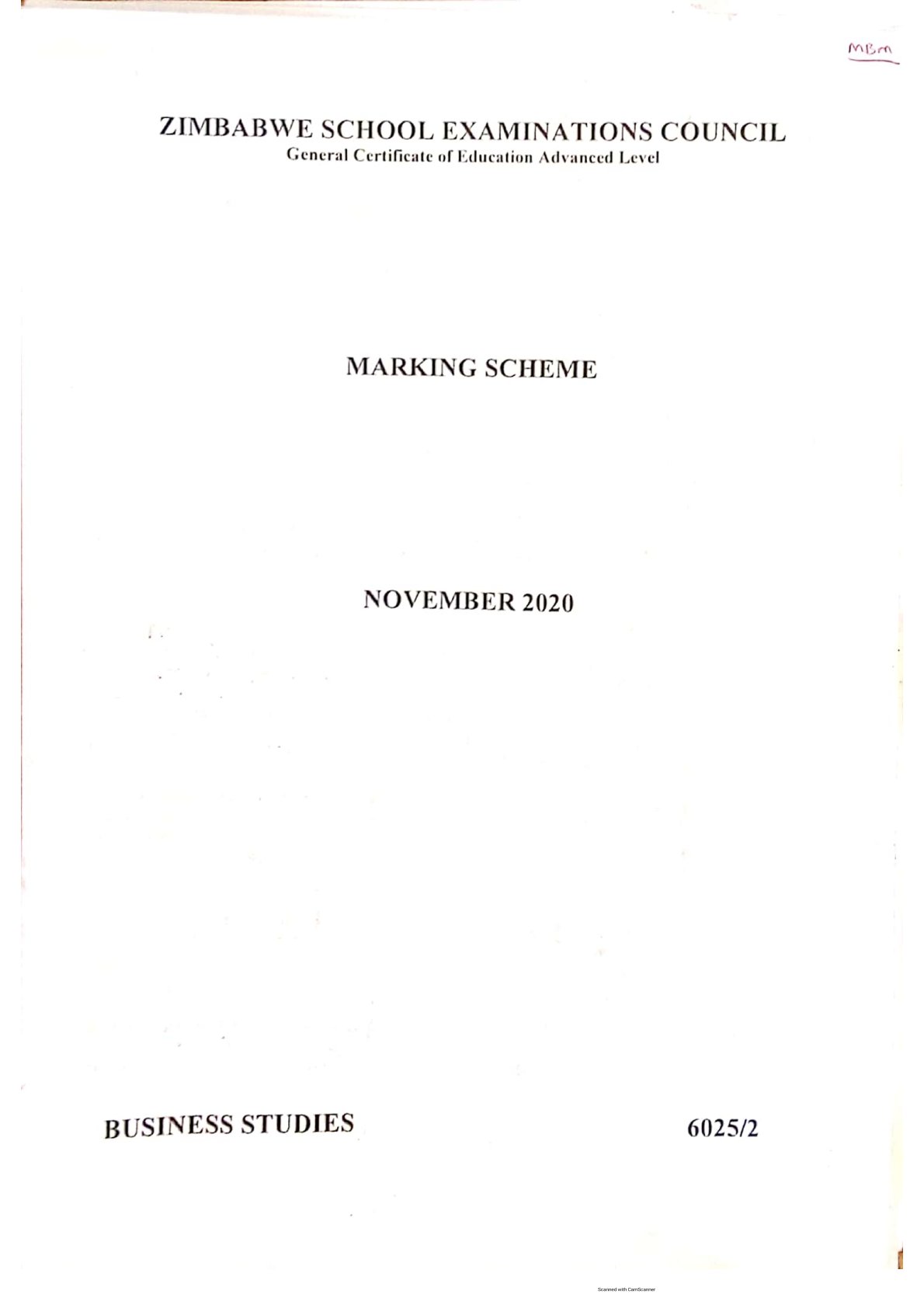 First page of ZIMSEC A-Level Business Studies Paper 2 November 2020 Marking Scheme