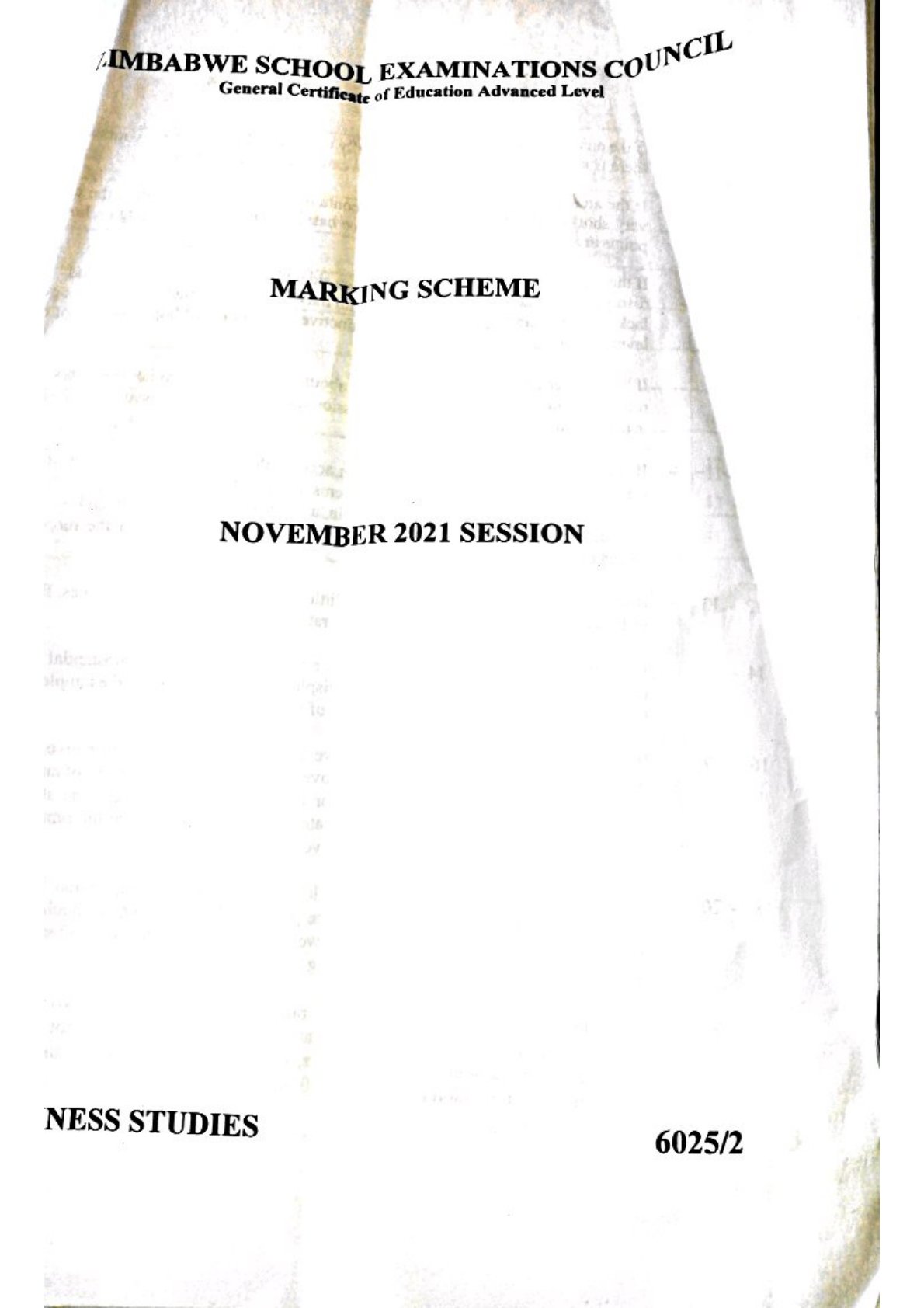 First page of ZIMSEC A-Level Business Studies Paper 2 November 2021 Marking Scheme