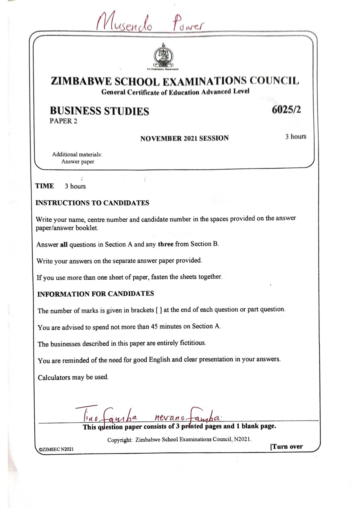 First page of ZIMSEC A-Level Business Studies Paper 2 November 2021 Question Paper