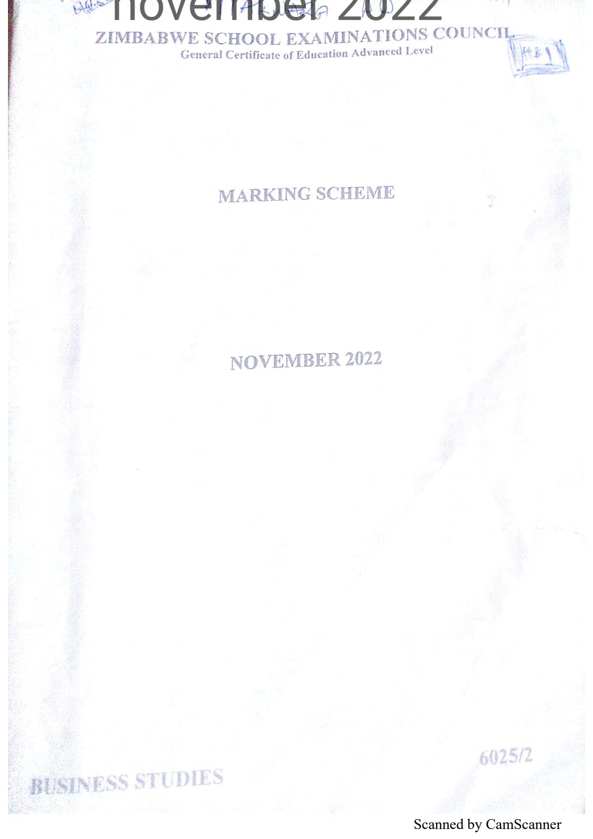 First page of ZIMSEC A-Level Business Studies Paper 2 November 2022 Marking Scheme