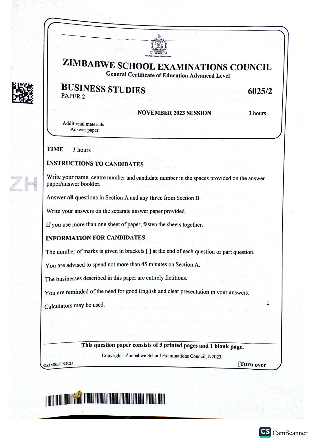 First page of ZIMSEC A-Level Business Studies Paper 2 November 2023 Question Paper