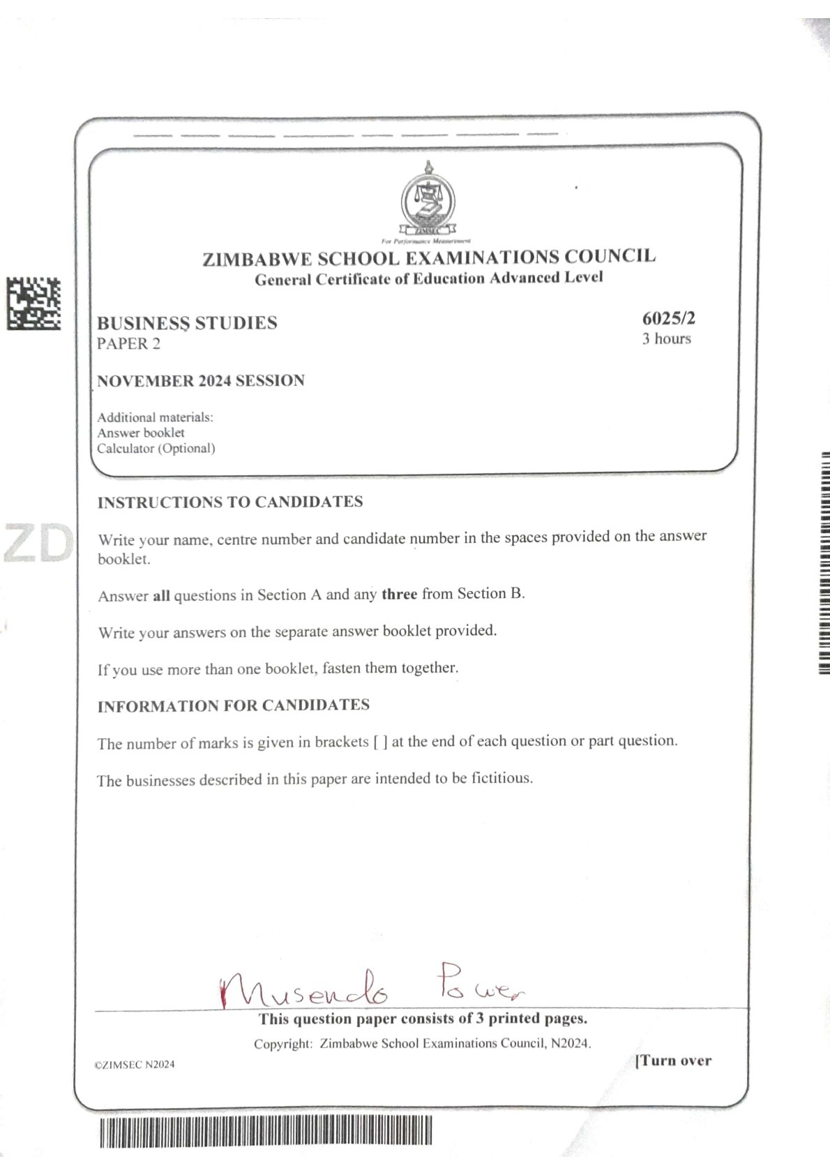 First page of ZIMSEC A-Level Business Studies Paper 2 November 2024 Question Paper
