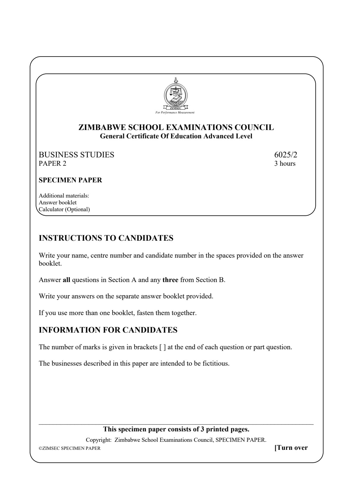 First page of ZIMSEC A-Level Business Studies Paper 2 Question Paper