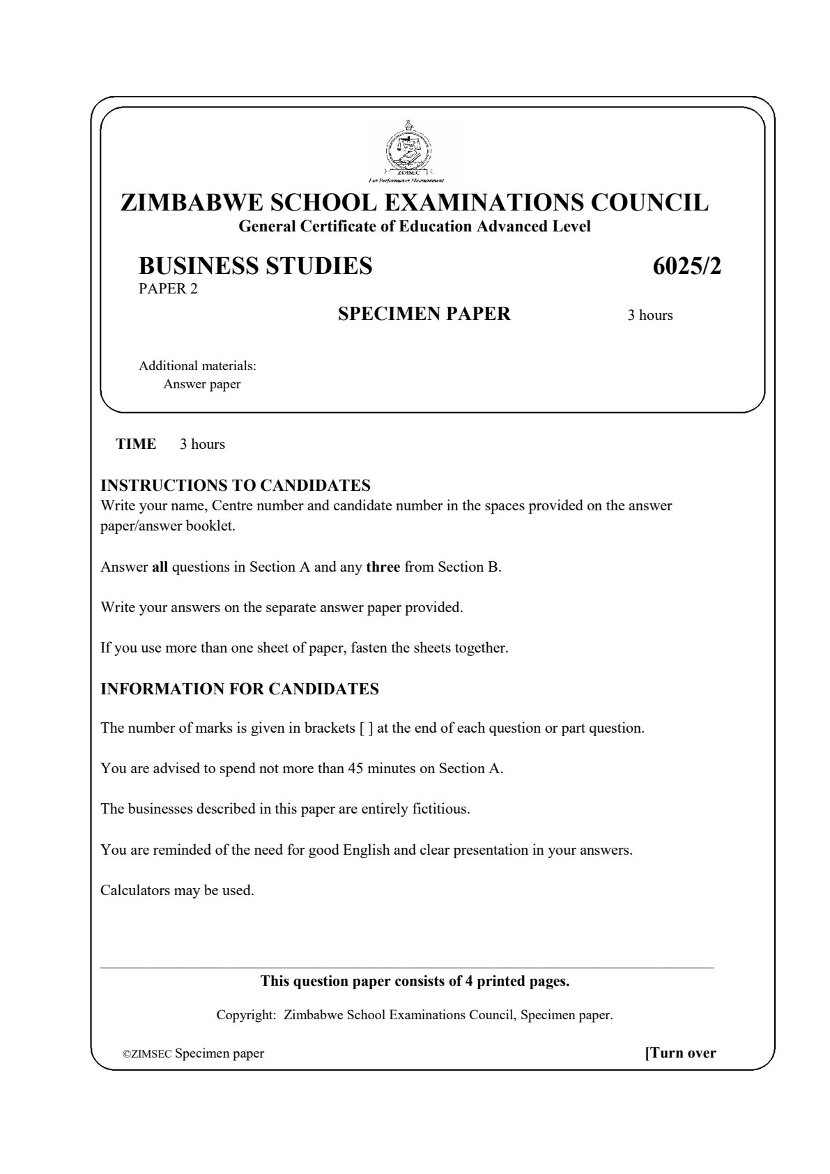 First page of ZIMSEC A-Level Business Studies Paper 2 Question Paper