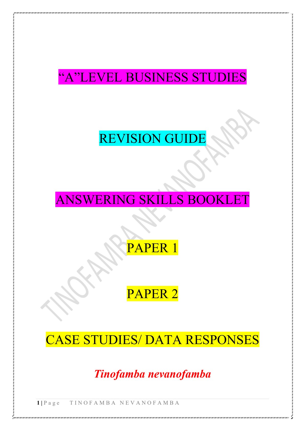 First page of ZIMSEC A-Level Business Studies Study Guide