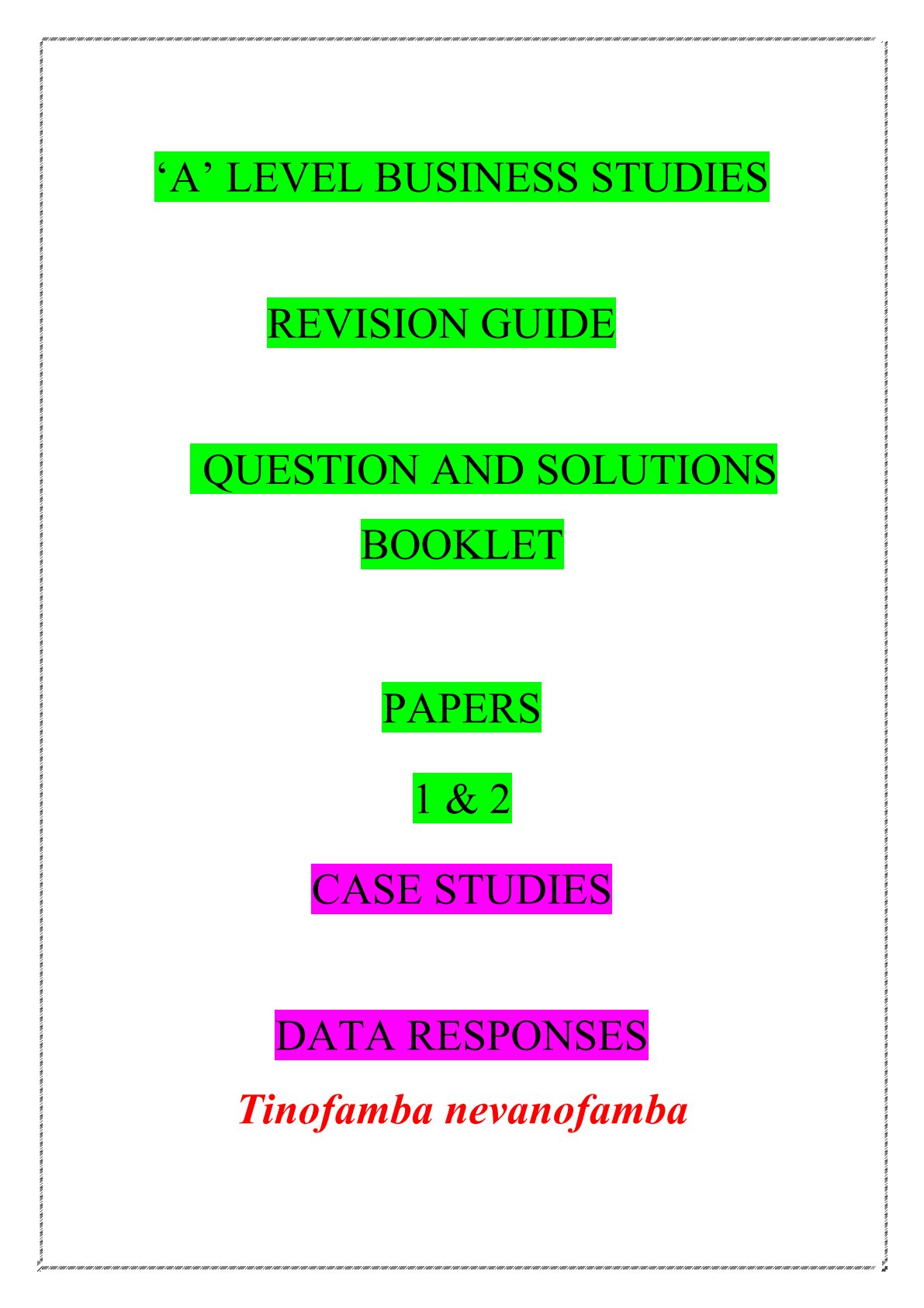 First page of ZIMSEC A-Level Business Studies Study Guide