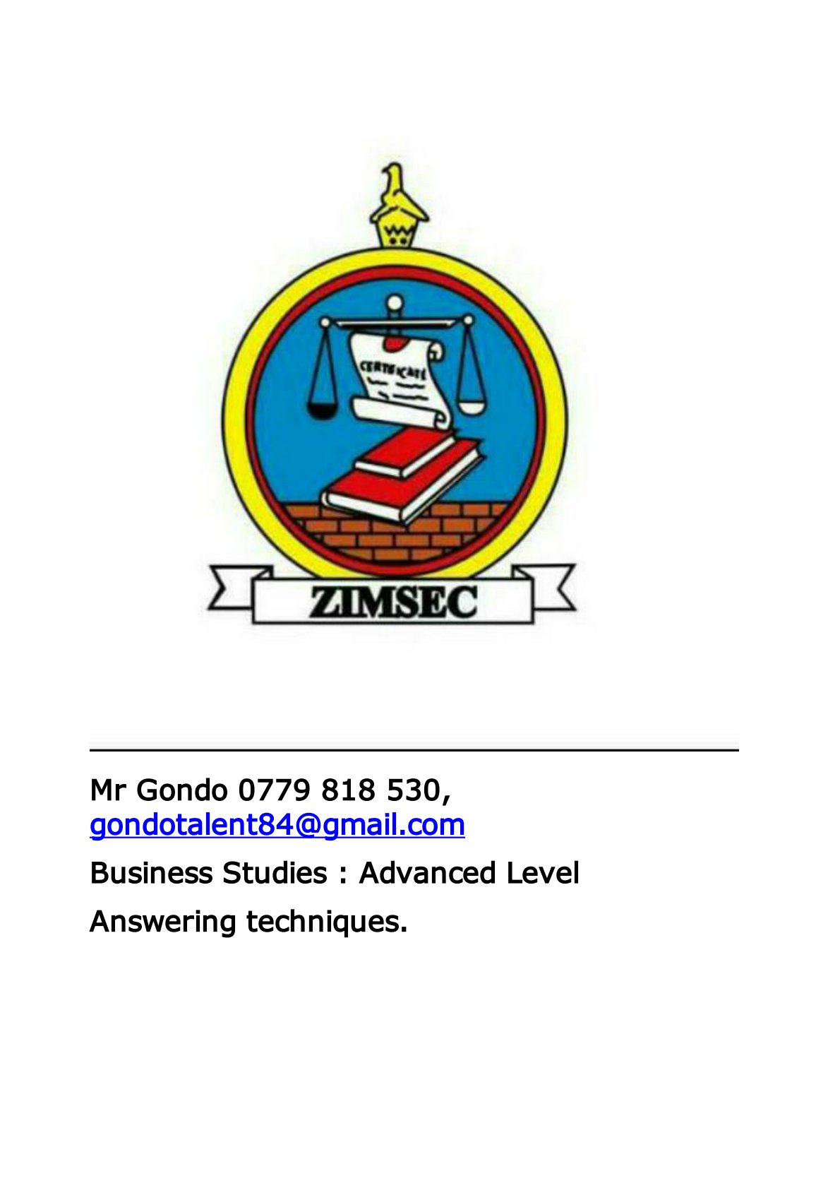 First page of ZIMSEC A-Level Business Studies Study Guide