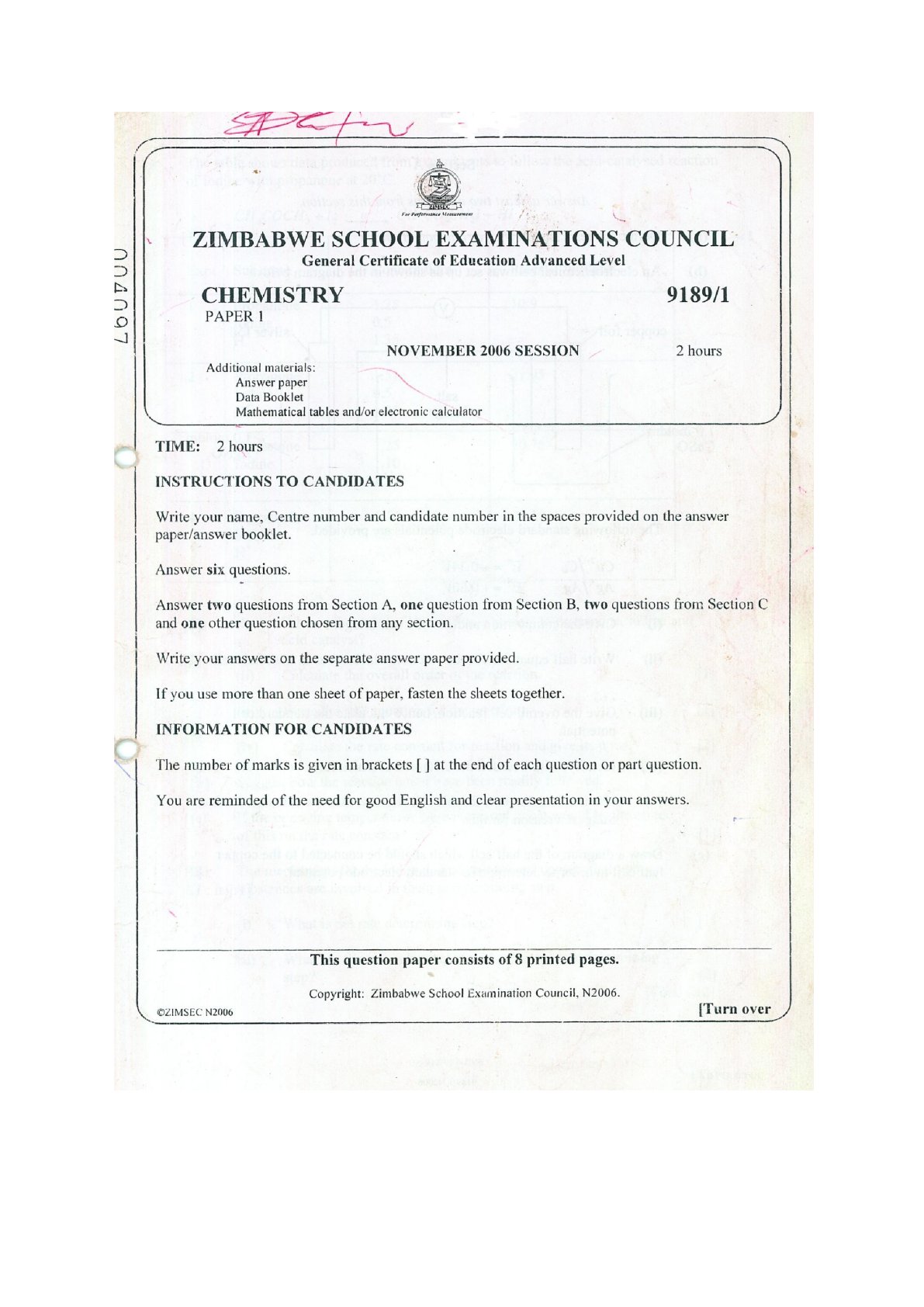 First page of ZIMSEC A-Level Chemistry Paper 1 November 2006 Question Paper