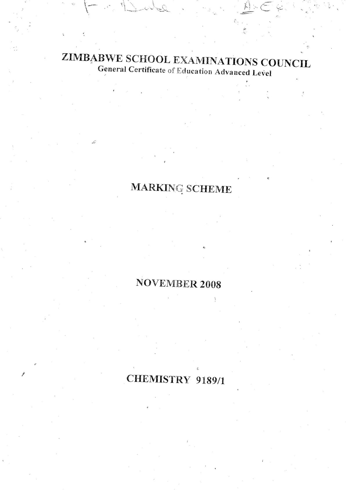 First page of ZIMSEC A-Level Chemistry Paper 1 November 2008 Marking Scheme