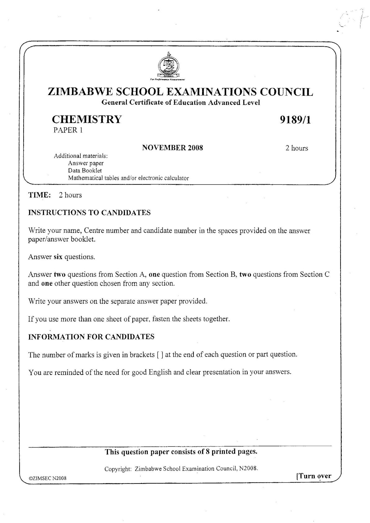 First page of ZIMSEC A-Level Chemistry Paper 1 November 2008 Question Paper