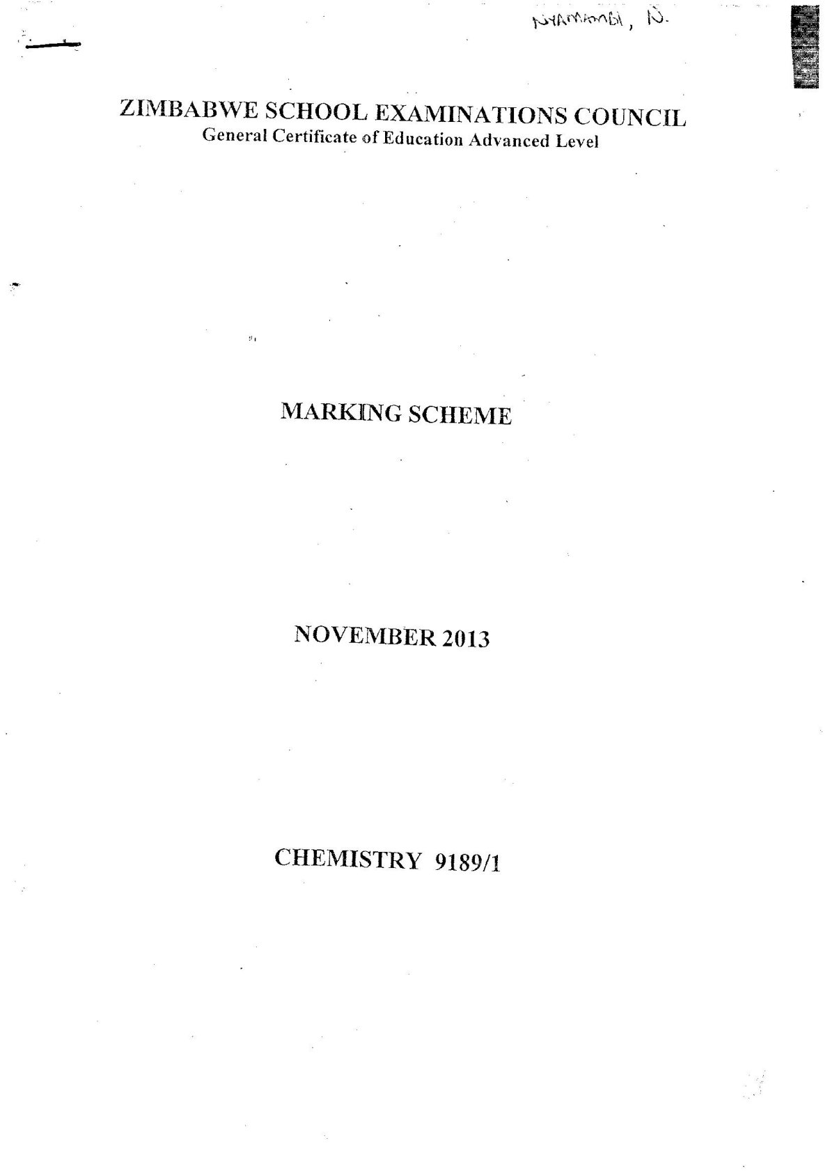 First page of ZIMSEC A-Level Chemistry Paper 1 November 2013 Marking Scheme