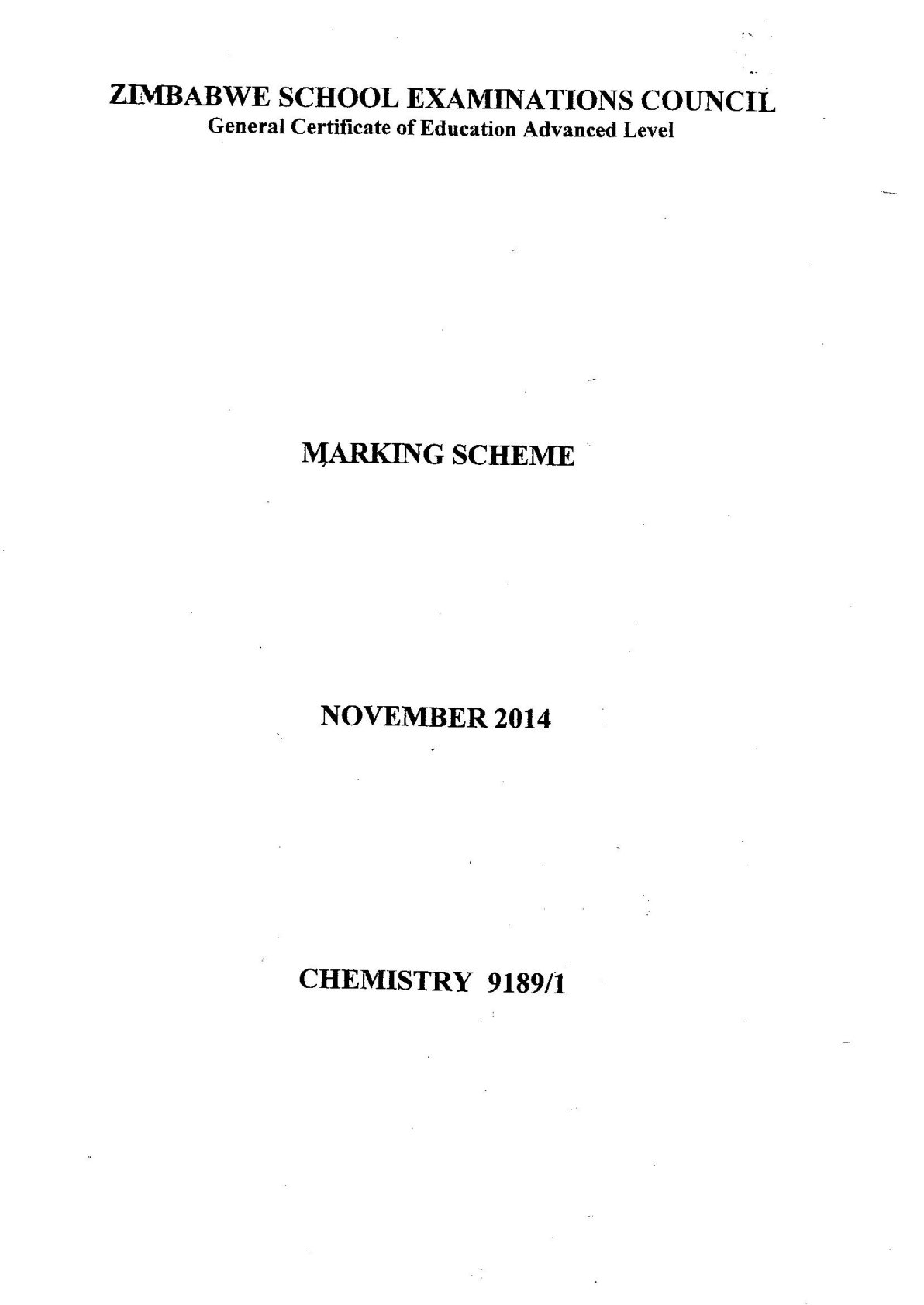 First page of ZIMSEC A-Level Chemistry Paper 1 November 2014 Marking Scheme