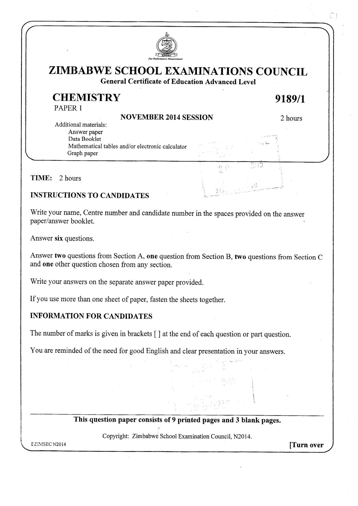 First page of ZIMSEC A-Level Chemistry Paper 1 November 2014 Question Paper