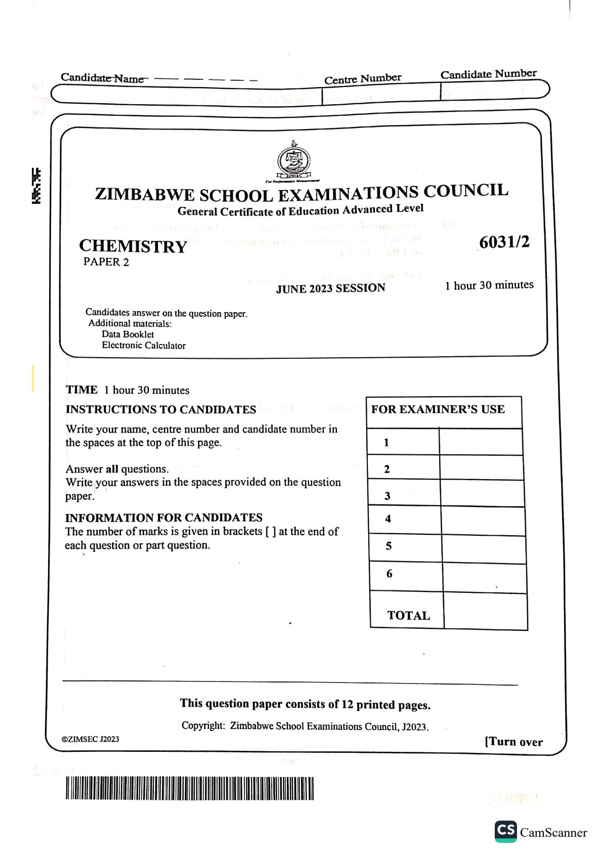 First page of ZIMSEC A-Level Chemistry Paper 2 June 2023 Question Paper