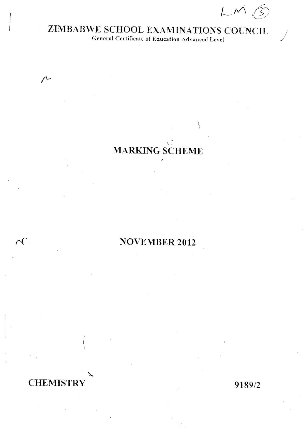 First page of ZIMSEC A-Level Chemistry Paper 2 November 2012 Marking Scheme