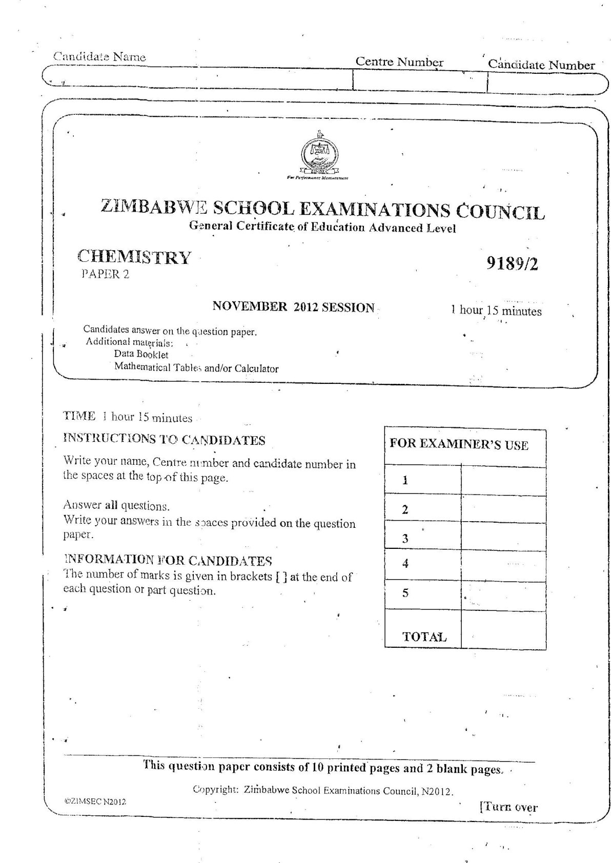 First page of ZIMSEC A-Level Chemistry Paper 2 November 2012 Question Paper