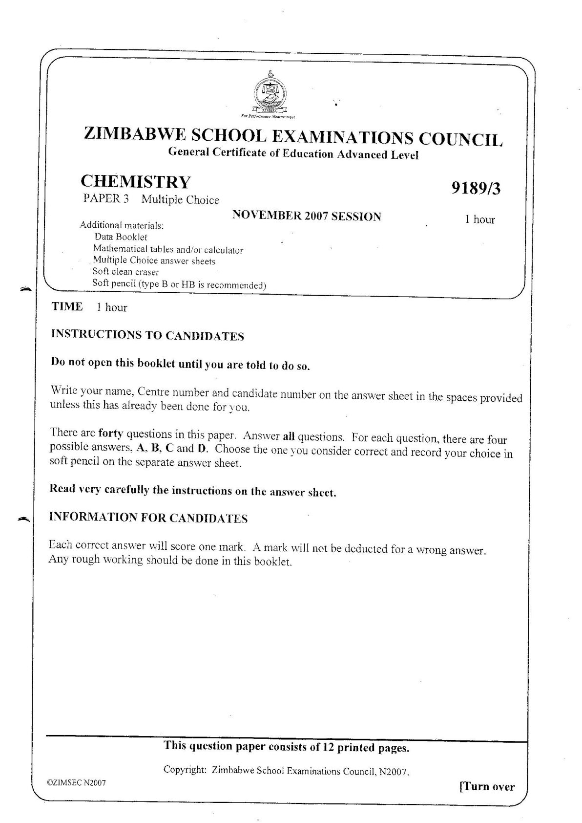 First page of ZIMSEC A-Level Chemistry Paper 3 November 2007 Question Paper