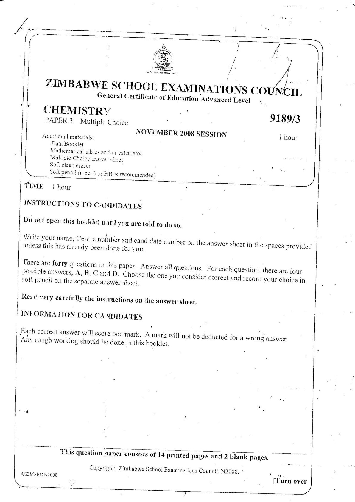 First page of ZIMSEC A-Level Chemistry Paper 3 November 2008 Question Paper