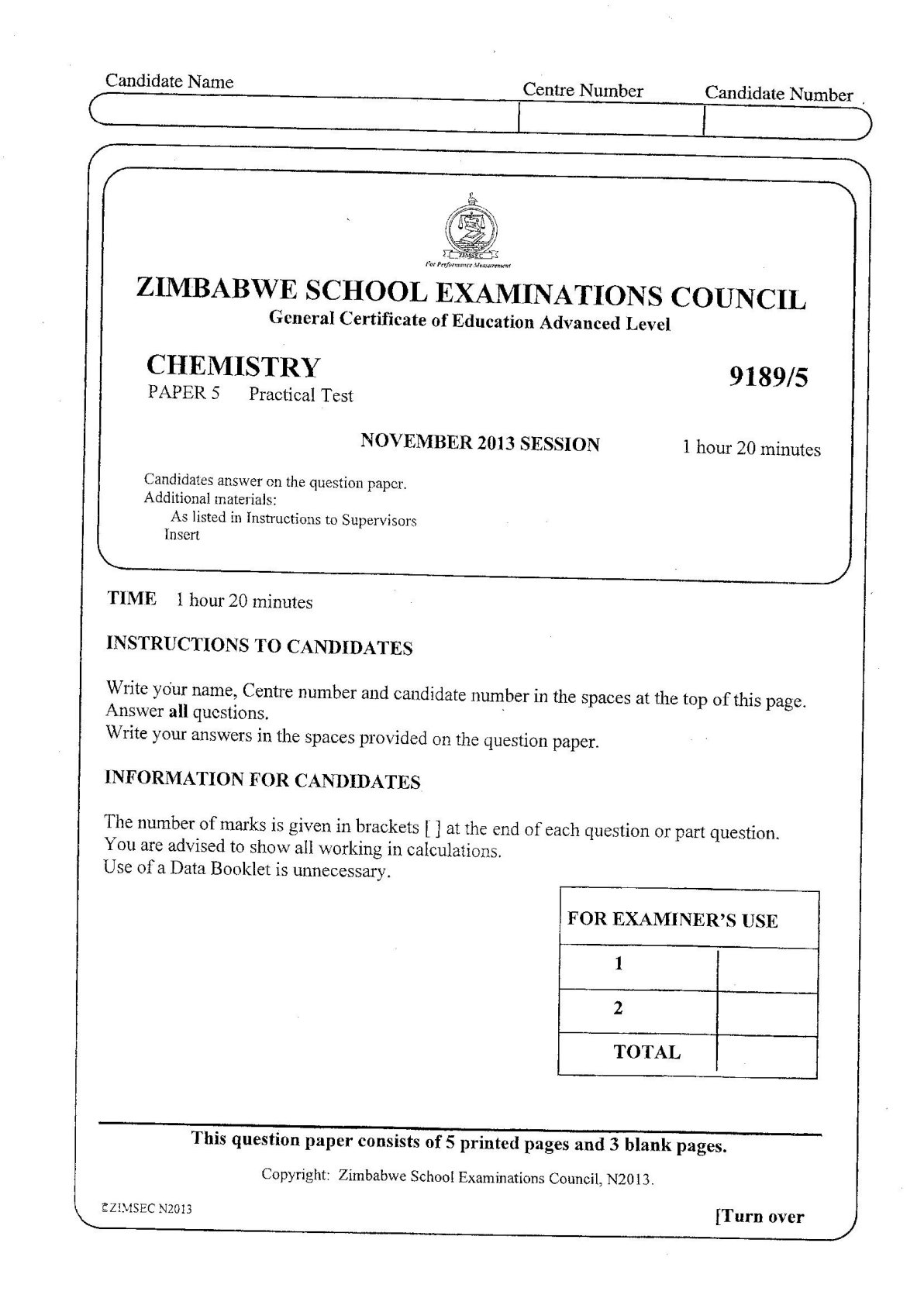 First page of ZIMSEC A-Level Chemistry Paper 5 November 2013 Question Paper