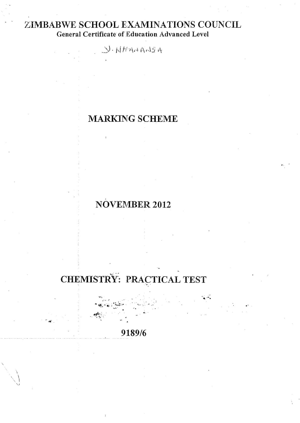 First page of ZIMSEC A-Level Chemistry Paper 6 November 2012 Marking Scheme