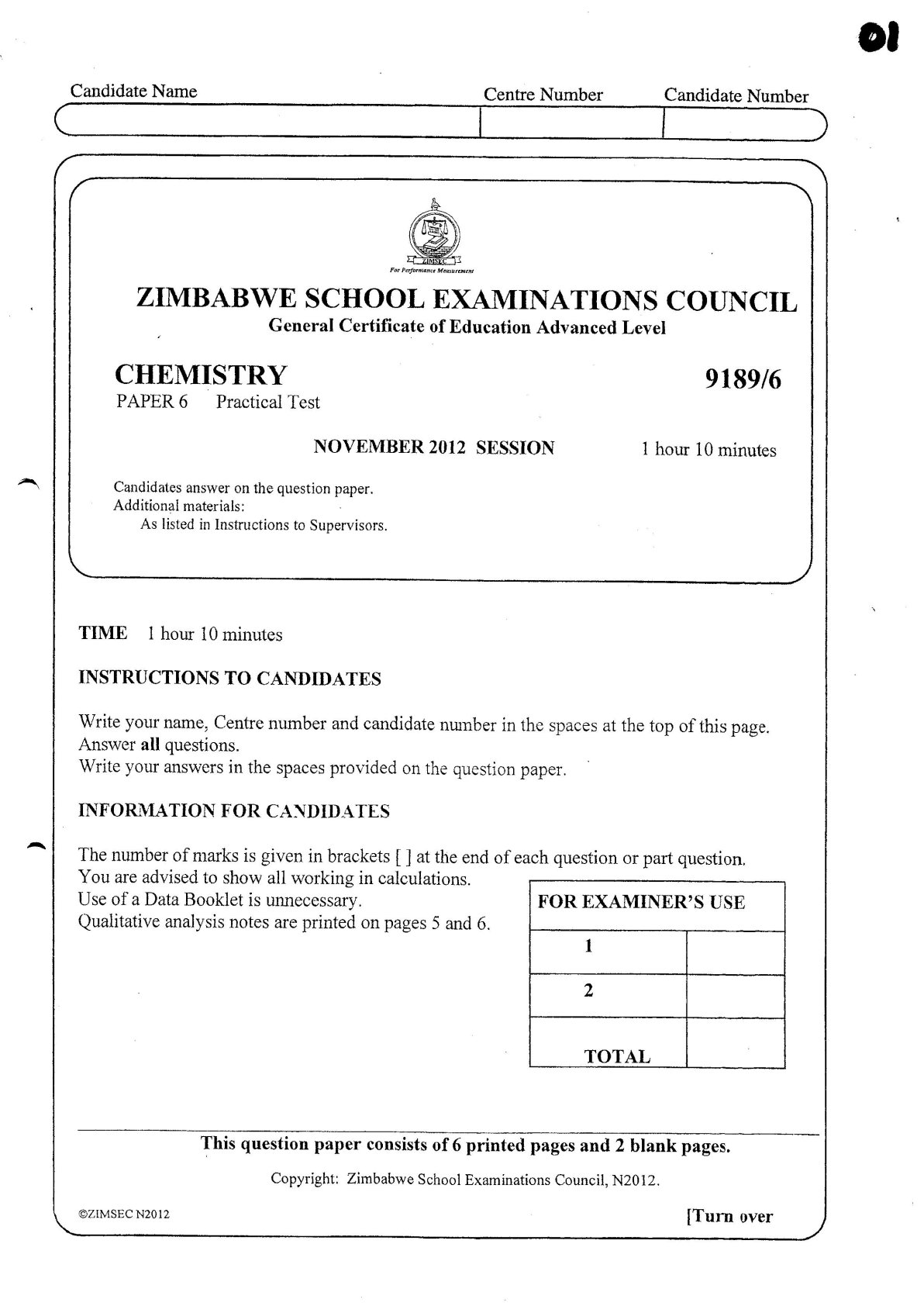 First page of ZIMSEC A-Level Chemistry Paper 6 November 2012 Question Paper
