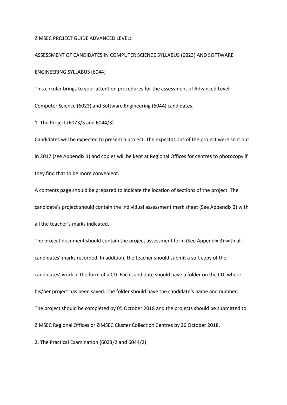 First page of ZIMSEC A-Level Computer Science 2018 Study Guide