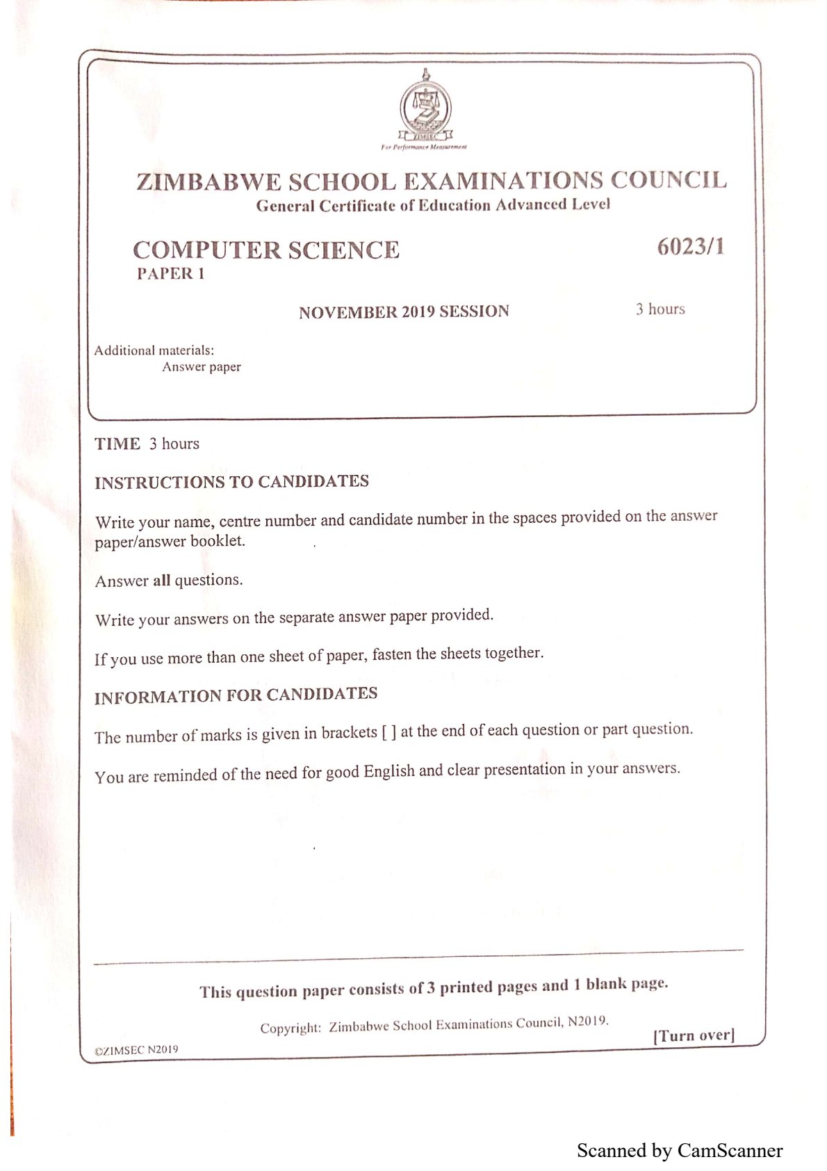 First page of ZIMSEC A-Level Computer Science Paper 1 November 2019 Question Paper