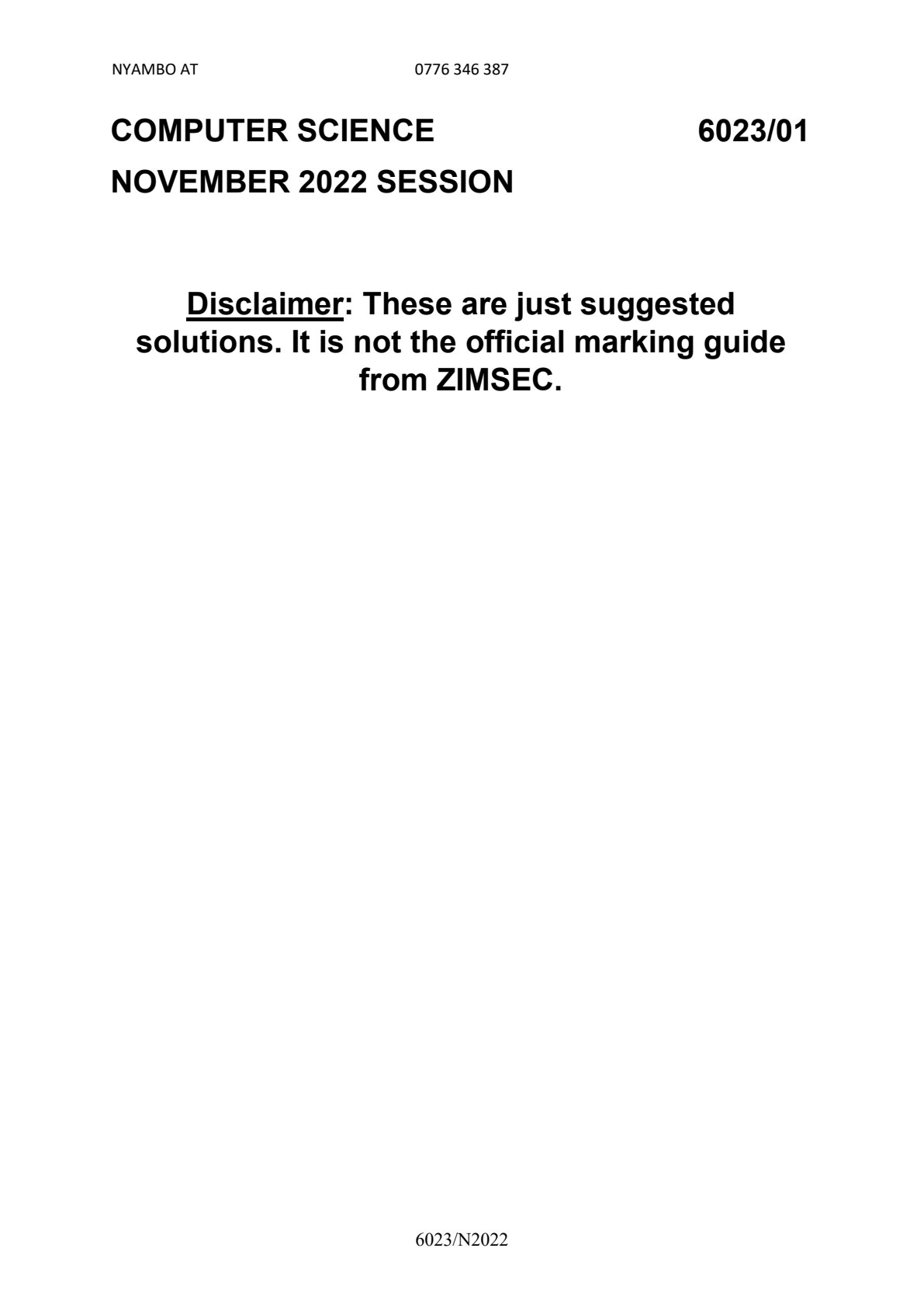 First page of ZIMSEC A-Level Computer Science Paper 1 November 2022 Marking Scheme