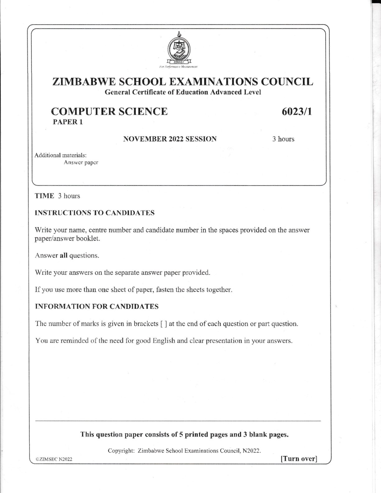 First page of ZIMSEC A-Level Computer Science Paper 1 November 2022 Question Paper