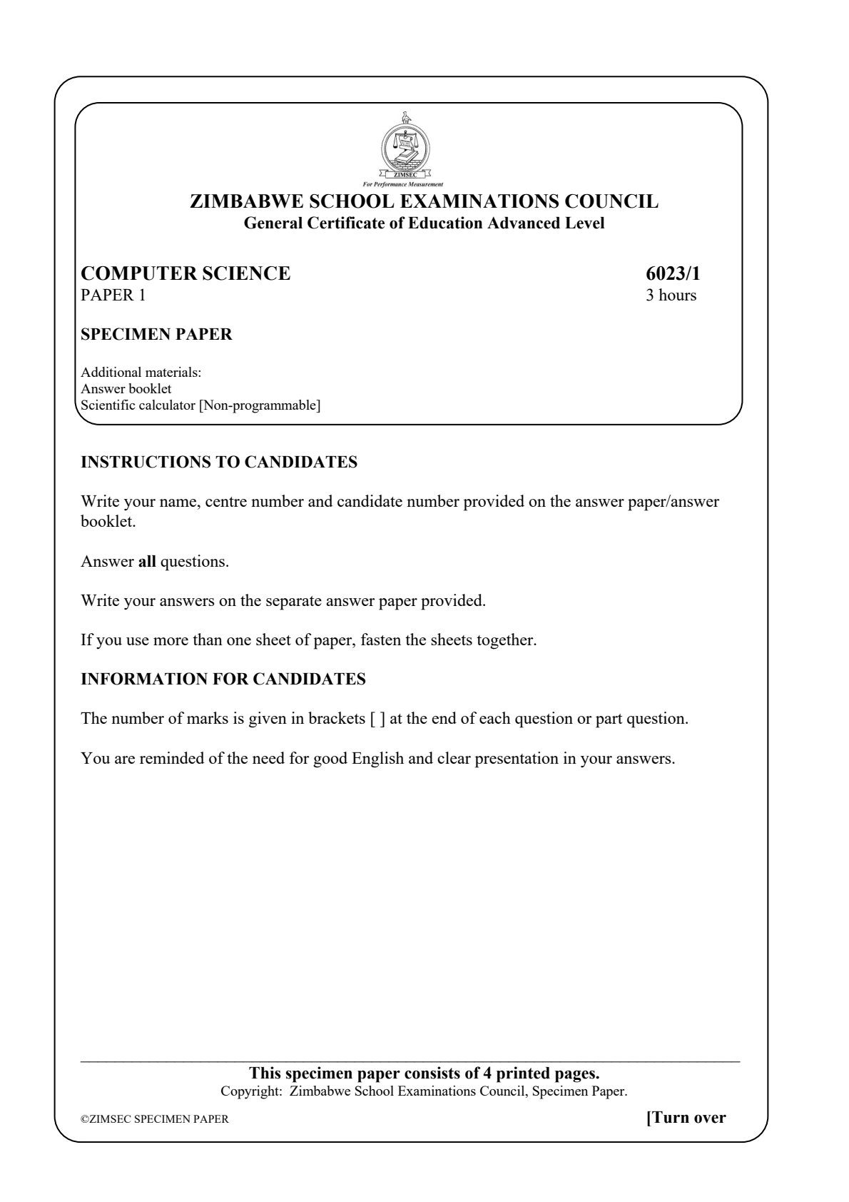 First page of ZIMSEC A-Level Computer Science Paper 1 Question Paper