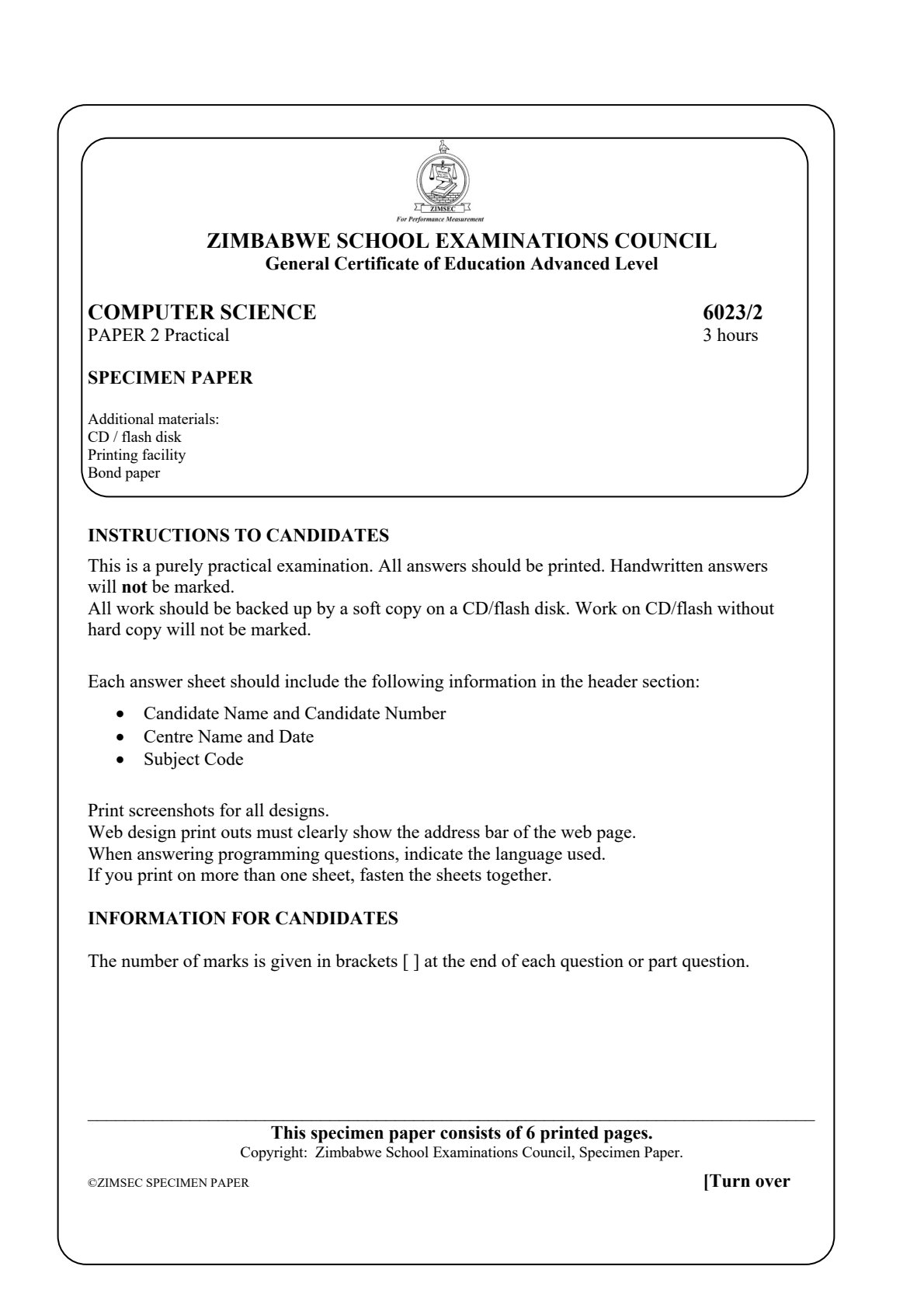 First page of ZIMSEC A-Level Computer Science Paper 2 Question Paper
