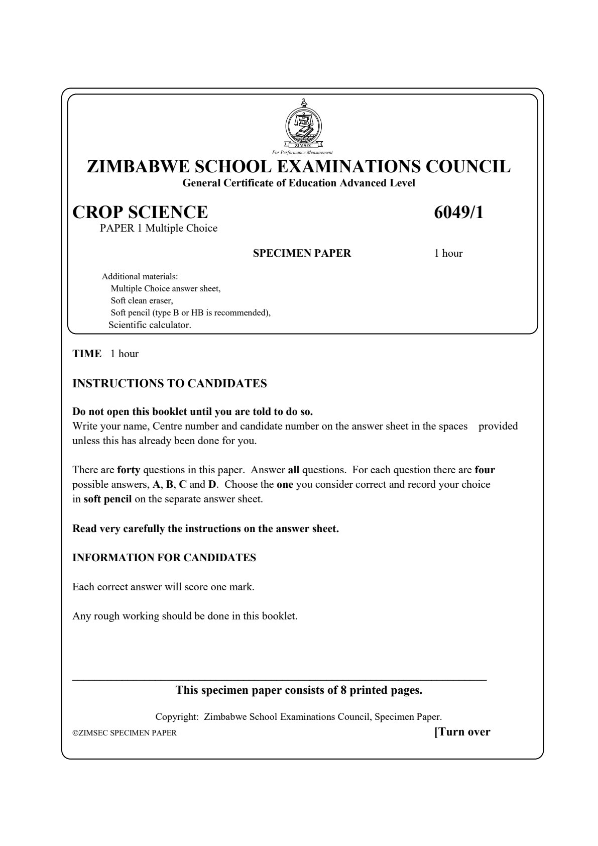 First page of ZIMSEC A-Level Crop Science Paper 1 Specimen Question Paper
