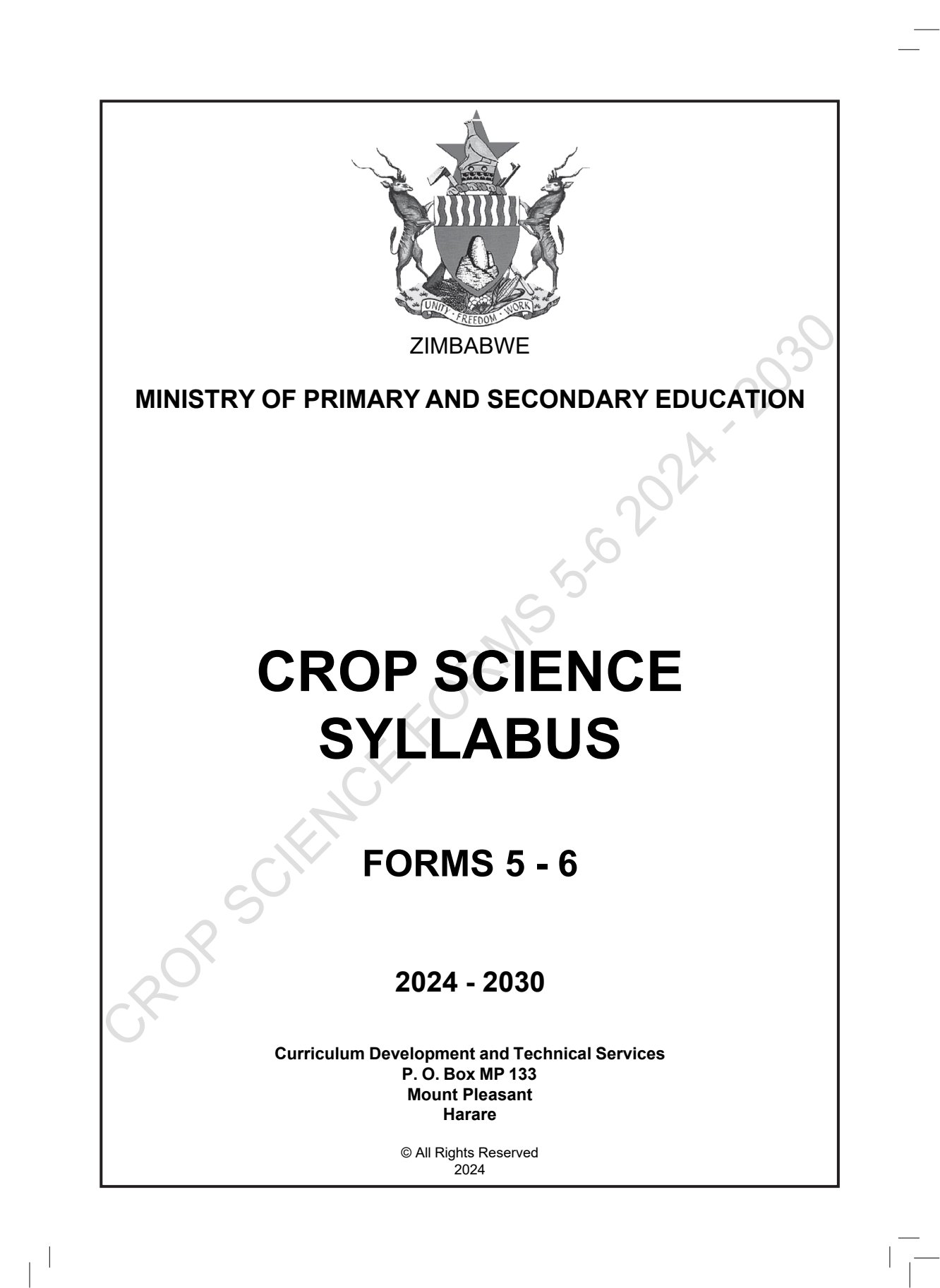 First page of ZIMSEC A-Level Crop Science Syllabus