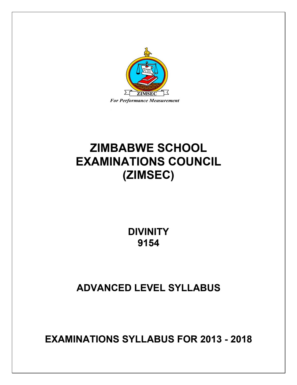 First page of ZIMSEC A-Level Divinity Syllabus