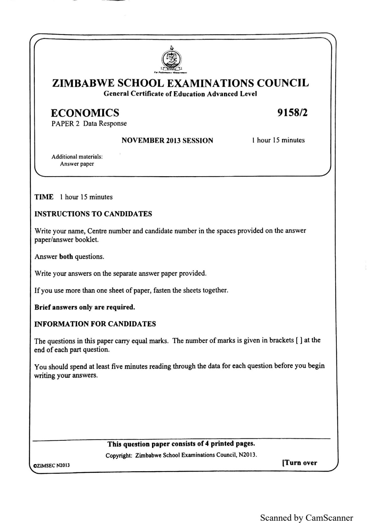 First page of ZIMSEC A-Level Economics 2013-2015 Study Guide