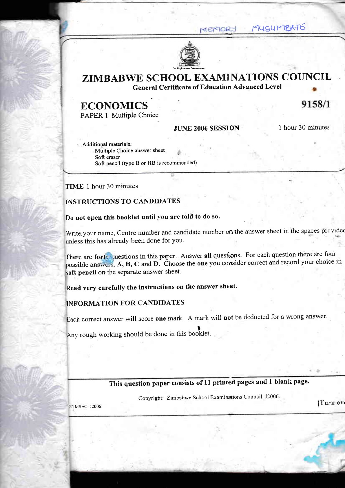 First page of ZIMSEC A-Level Economics Blue Book 2006 Study Guide