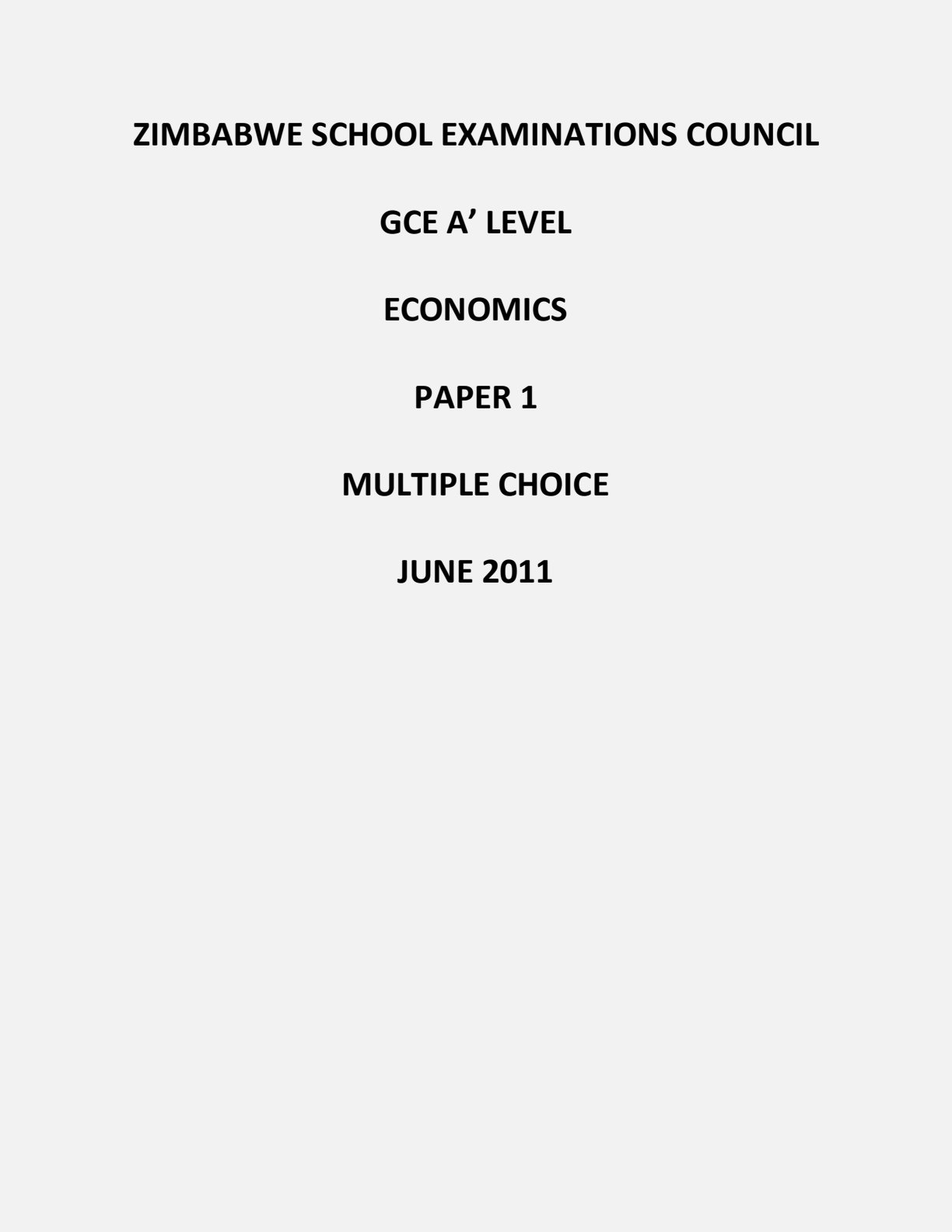 First page of ZIMSEC A-Level Economics Paper 1 June 2011 Question Paper