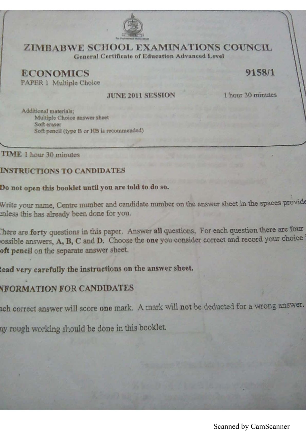 First page of ZIMSEC A-Level Economics Paper 1 June 2011 Question Paper