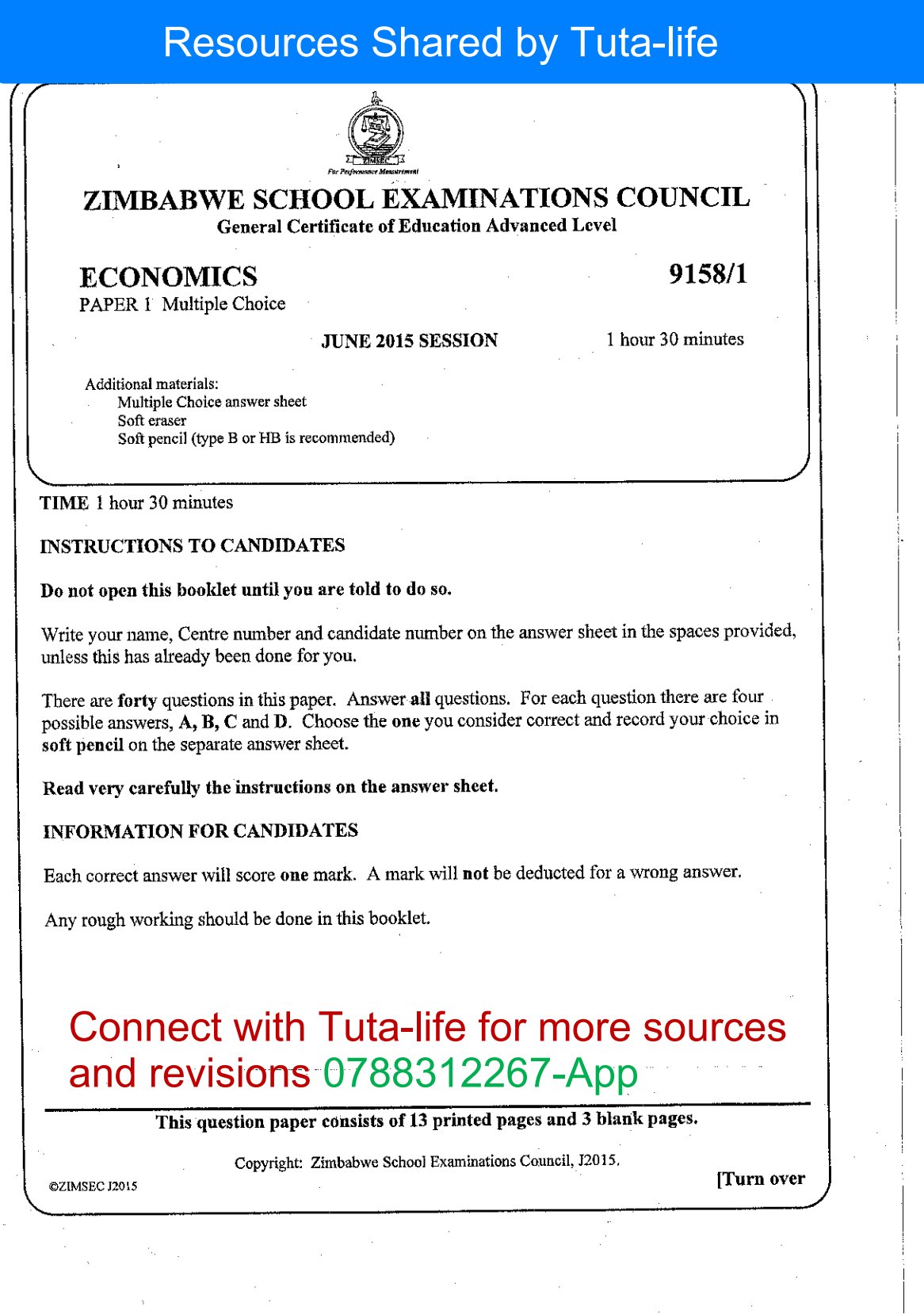 First page of ZIMSEC A-Level Economics Paper 1 June 2015 Question Paper