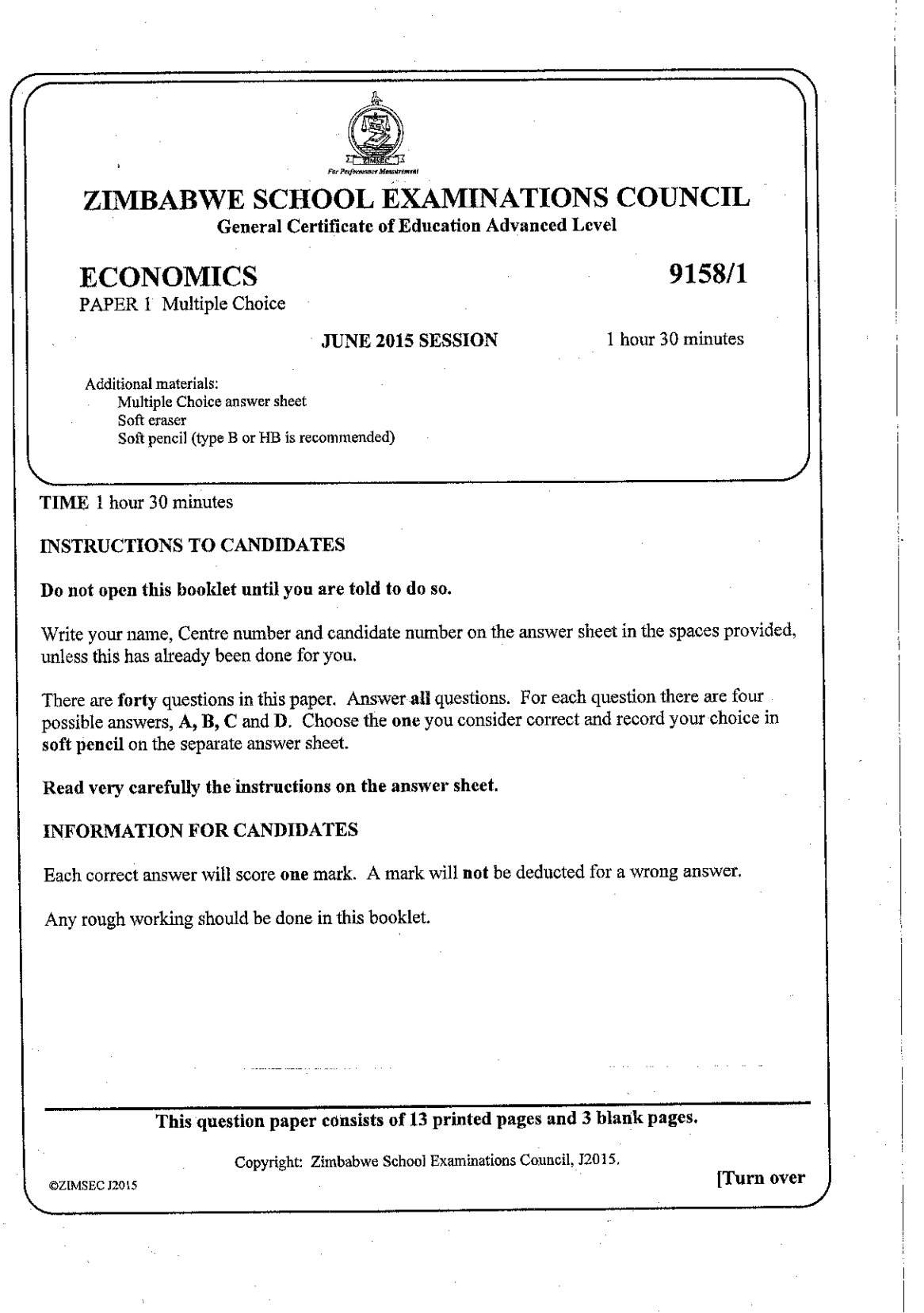 First page of ZIMSEC A-Level Economics Paper 1 June 2015 Question Paper