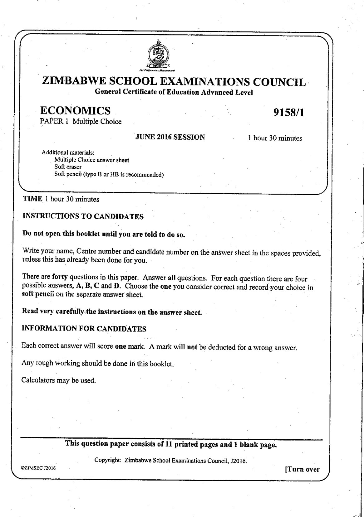 First page of ZIMSEC A-Level Economics Paper 1 June 2016 Question Paper