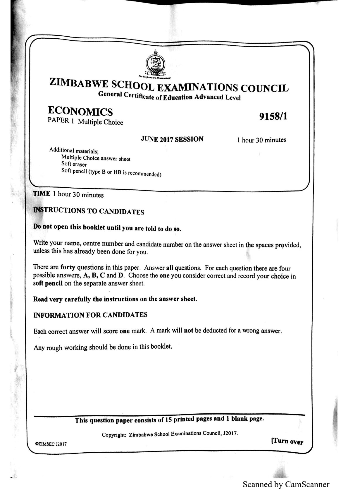 First page of ZIMSEC A-Level Economics Paper 1 June 2017 Question Paper
