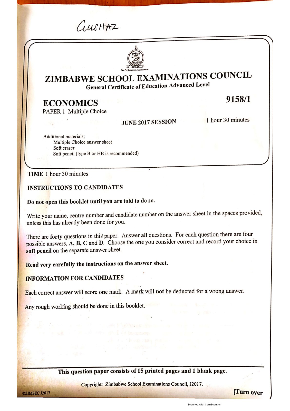 First page of ZIMSEC A-Level Economics Paper 1 June 2017 Question Paper