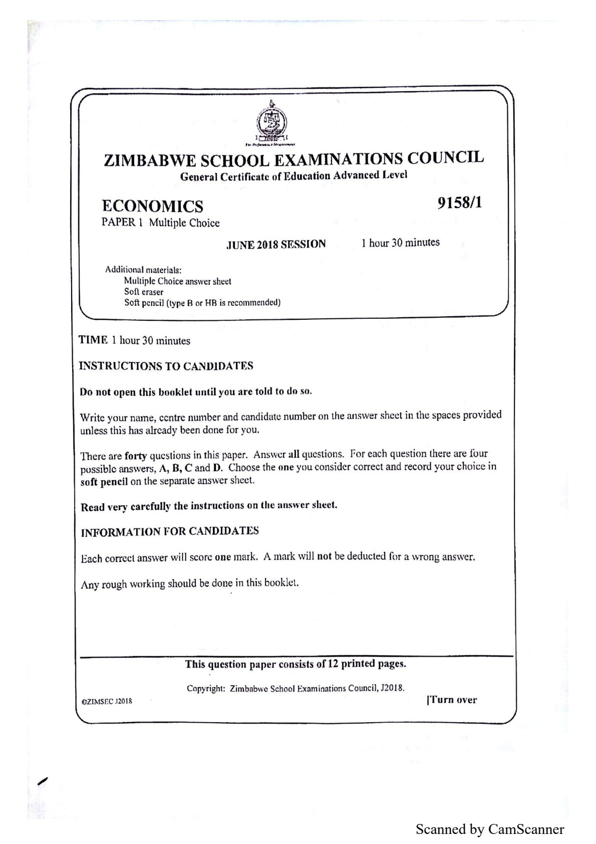 First page of ZIMSEC A-Level Economics Paper 1 June 2018 Question Paper