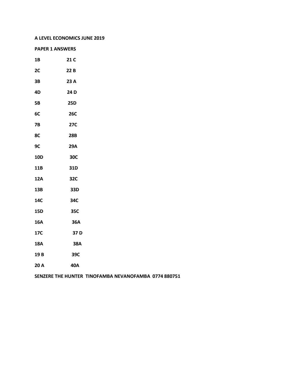 First page of ZIMSEC A-Level Economics Paper 1 June 2019 Marking Scheme